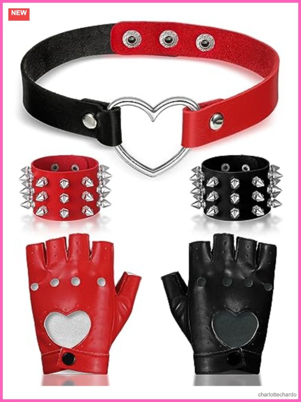 5 Pc PU Leather Costume Accessory Set Choker Bracelets Gloves